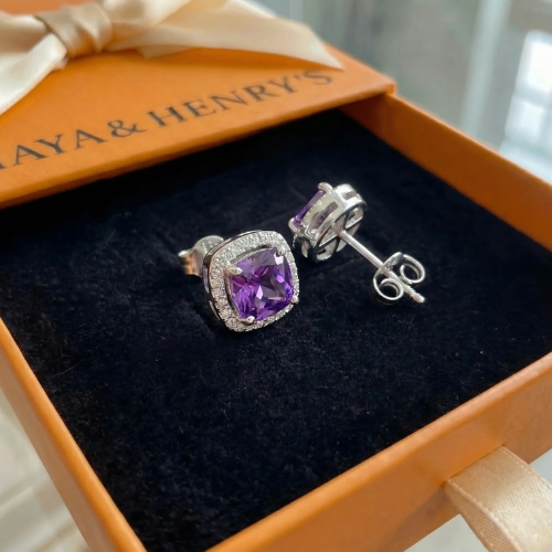 Amethyst Square Pave Studs | White Gold