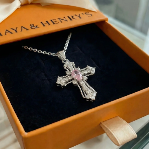 Halsband Celestial Pink Cross | Vitguld