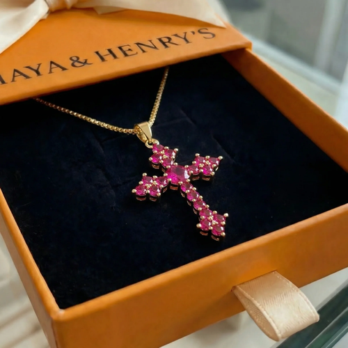 Pink Cluster Cross Necklace | Gold