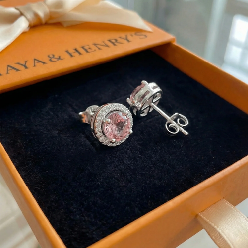 Pink Round Pave Studs | White Gold