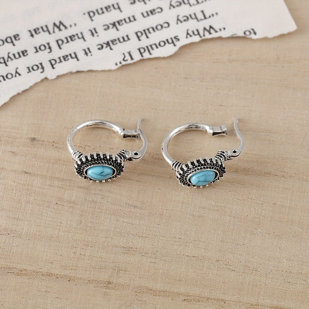 Turquoise Crest Hoop Earrings | White Gold