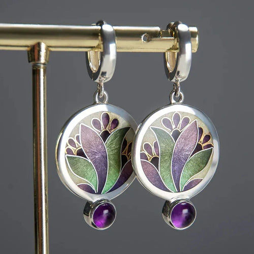 Vintage Boho Earrings with Purple Crystals | White Gold
