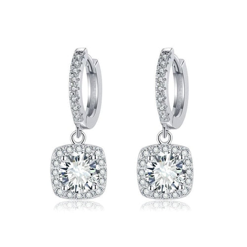 Square Halo Drop Earrings | White Gold