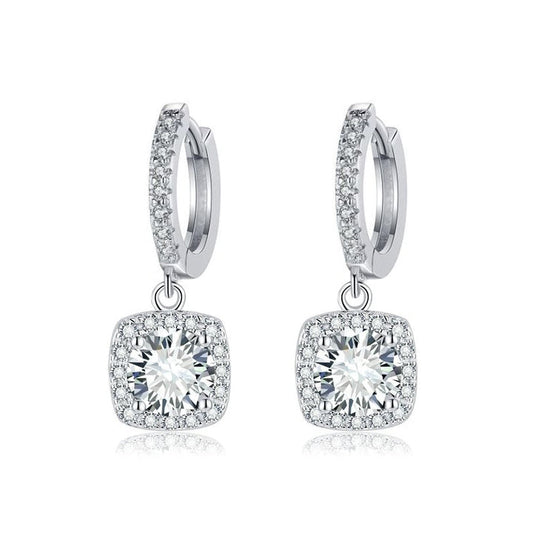 Square Halo Drop Earrings | White Gold